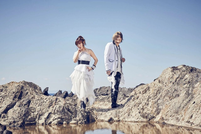 A promotional image of the Japanese pop duo angela, featuring vocalist atsuko and guitar / arrangement KATSU.