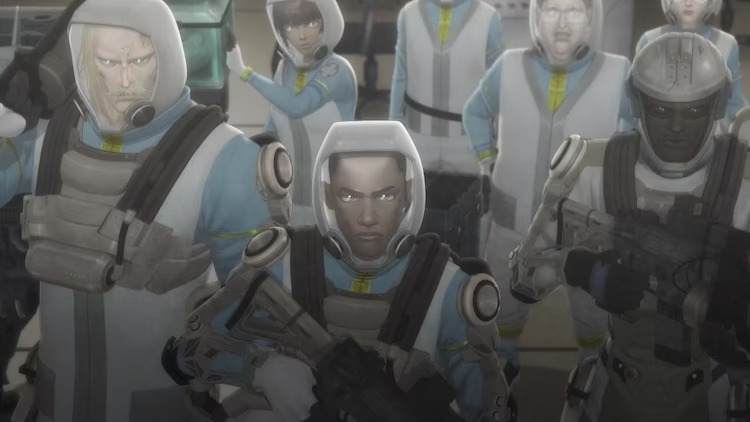 Jim and the survivors of the Coldfoot penal colony prepare to defend themselves against a horde of giant tardigrades in a scene from the upcoming MAKE MY DAY 3DCG anime. The survivors are dressed in space suits and brandish rifles.