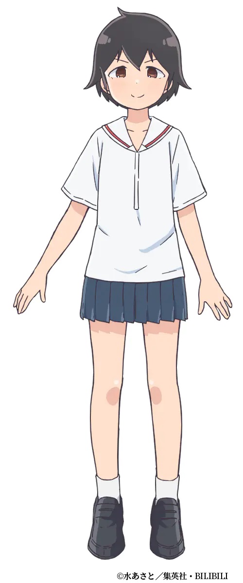 A character setting of Raidou Imouto from the upcoming Aharen-san wa Hakarenai TV anime. Raidou Imouto is a young girl with short black hair and amber eyes dressed in a middle school uniform. She has a somewhat mischievous expression on her face.
