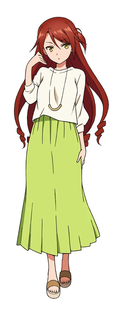 A character setting of Eiko Kawasegawa, a young woman with hip-length red hair and yellow eyes dressed in a white blouse and an ankle-length lime green skirt from the upcoming Bokutachi no Remake TV anime.