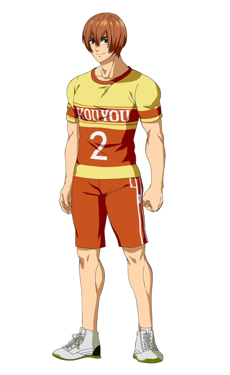 Un escenario de personajes de Manabu Sakura, miembro del club kabaddi de la escuela secundaria Saitama Kouyou del próximo anime de televisión Burning Kabaddi.  Manabu tiene el pelo castaño rojizo y una estructura musculosa, y está vestido con su ropa deportiva.