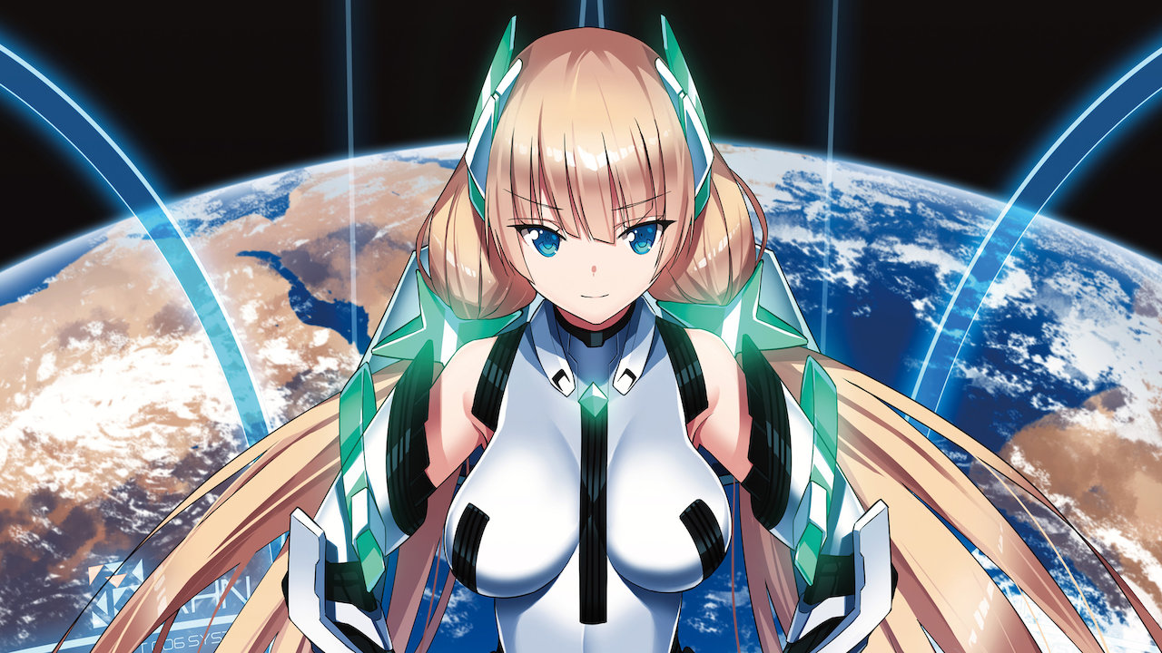 A promotional image for the 2014 theatrical anime film, Expelled from Paradise, featuring the movie's main character, Angela Balzac, posing in front of a window with a view of the Earth from space in the background.