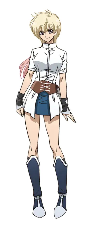 A character setting of Sean Ari, a young woman dressed in a white tunic and boots, from the upcoming BASTARD!! -Heavy Metal, Dark Fantasy- Netflix original anime.