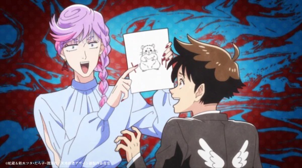 Venus comienza a perder la cabeza mientras le muestra a Shimoda un borrador de un hámster en una escena del próximo episodio extra del anime Heaven's Design TV.