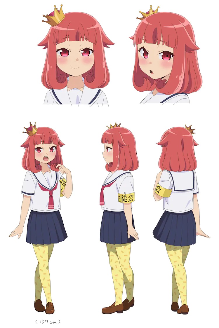 A character setting of Kei Aonaji from the upcoming fourth season of the Yatogame-chan Kansatsu Nikki TV anime. Kei is a high school age girl with red hair and red eyes. She wears a sailor uniform, a small crown, and yellow leggings as well as a yellow armband identifying her as a member of the student council.