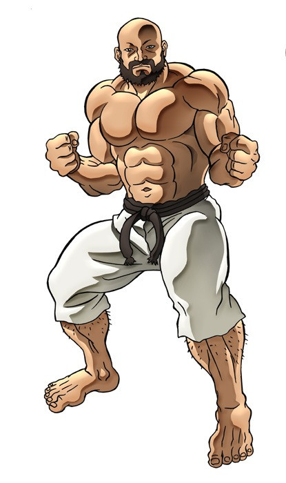 A character visual of Sea King Jaku, a bald and bearded martial artist wearing the pants of a karate gi, from the upcoming Baki anime.