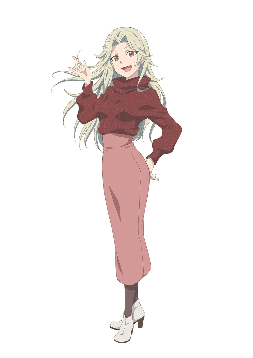 A character visual of Rio Matsuse from the upcoming Let's Make a Mug Too 2nd Kiln TV anime. Rio is a slender girl with long silver hair and amber eyes, and she wears a long-sleeve burgundy blouse, a long pink skirt, dark stockings, and white high-heeled boots.