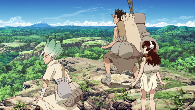 Senku, Taiju, and Yuzuriha survey a primeval landscape in the Dr. STONE TV anime.