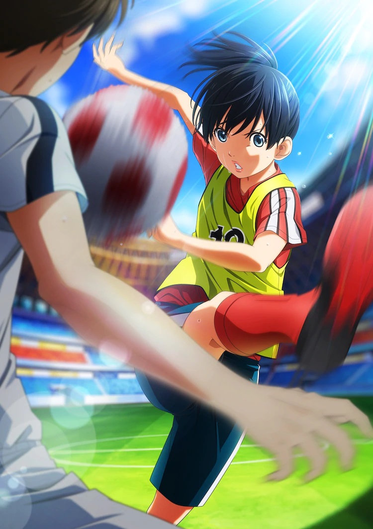 A key visual for the upcoming Farewell, My Dear Cramer - First Touch theatrical anime film, featuring the main character, Nozomi Onda, in her sports gear attempting to score a soccer goal against a male player.