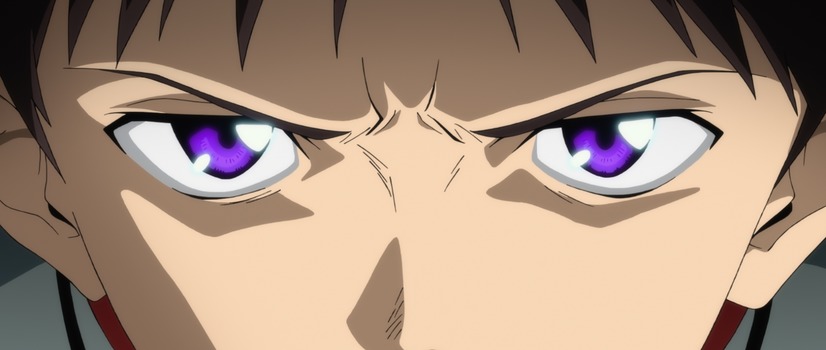 Shinji Ikari glares in a scene from the Evangelion: 3.0+1.0 Thrice Upon a Time theatrical anime film.