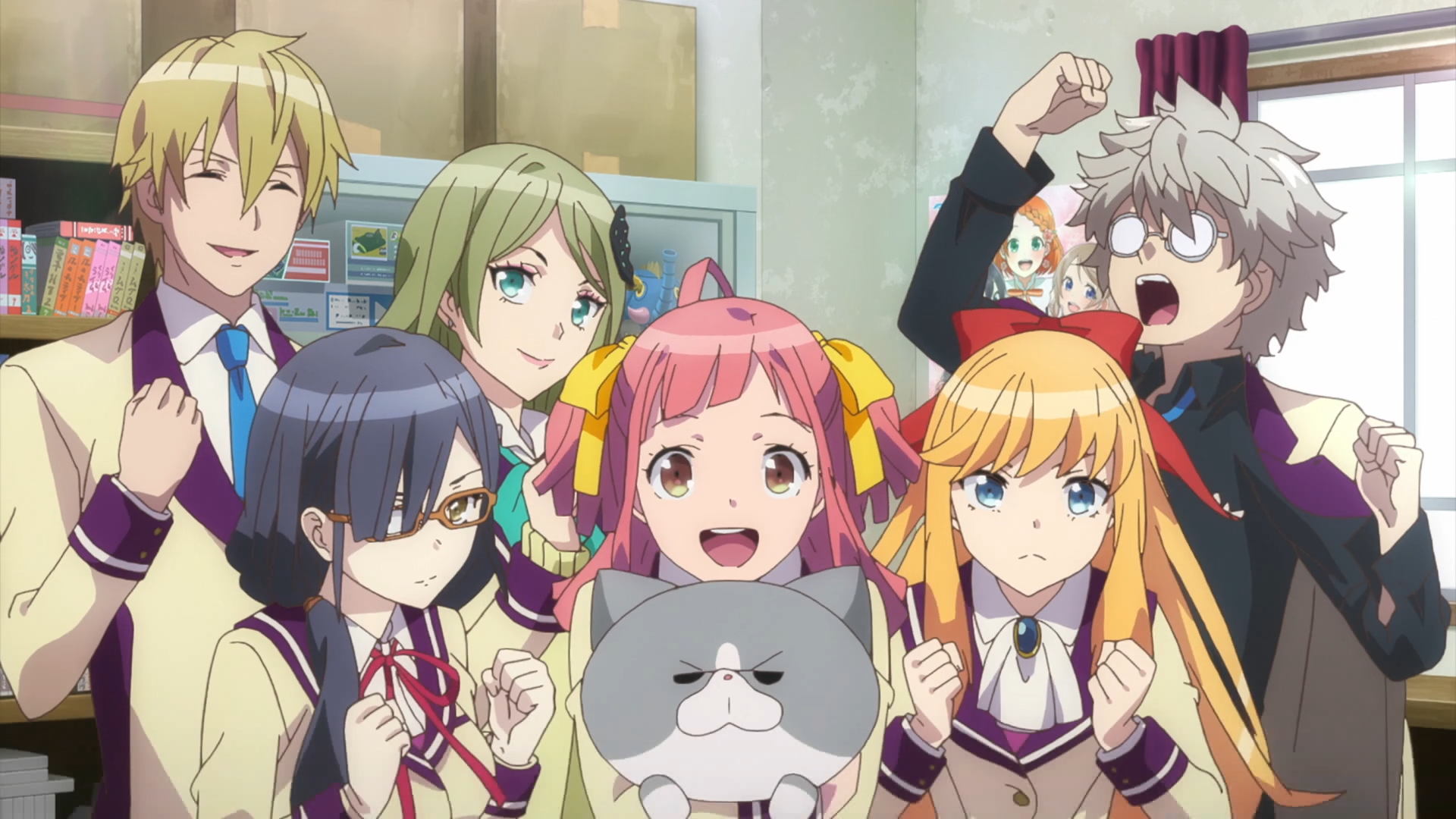 The Sakaneko High School anime club strikes an excited pose in their club room in a scene from the 2017 Anime-Gataris TV anime.