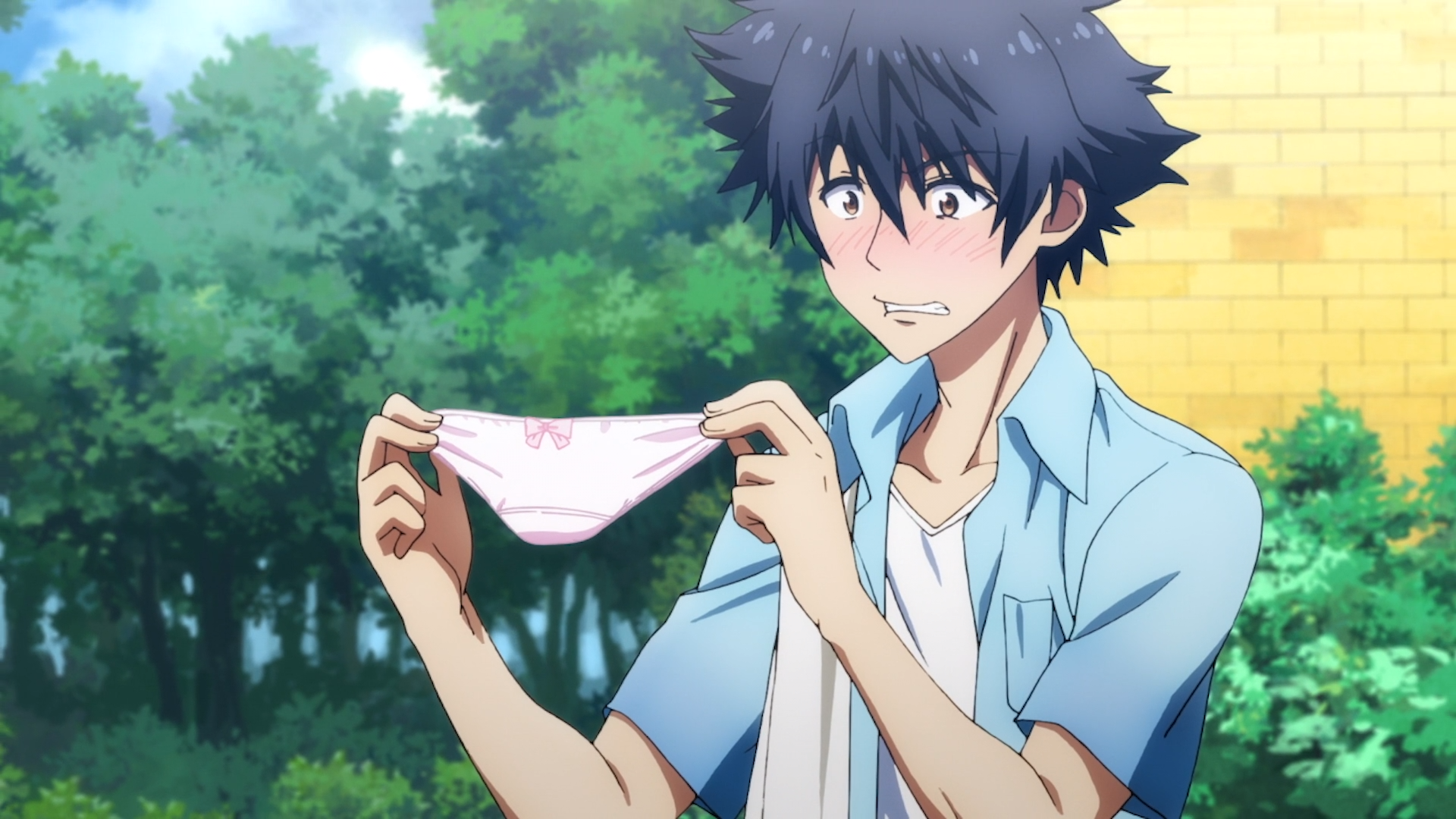 Setsuna is embarrassed to discover a pair of frilly pink panties during his laundry duties in a scene from the 2018 ISLAND TV anime.