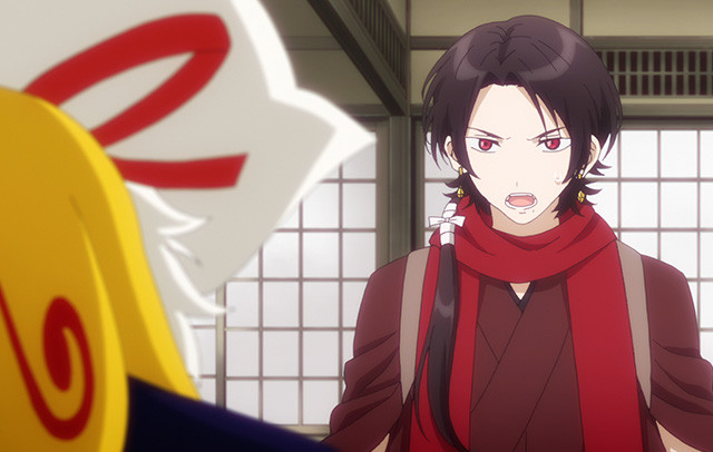 A screen capture from the 12th episode of the second season of Touken Ranbu: Hanamaru, featuring the main character, Kashuu Kiyomitsu, putting on a stern expression.