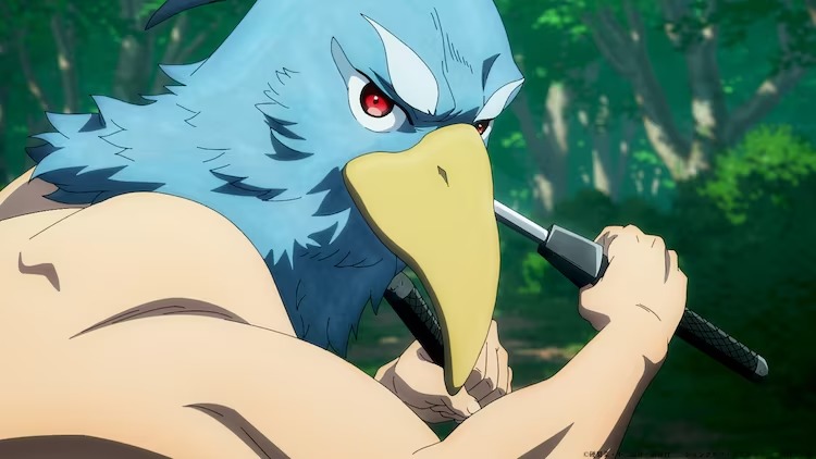 Sunraku, the VRMMO avatar of player Rakuro Hizutome, wields two blades in a scene from the upcoming Shangri-La Frontier TV anime. Sunraku appears as a shirtless humanoid with a cartoonish blue bird's head on a human body.