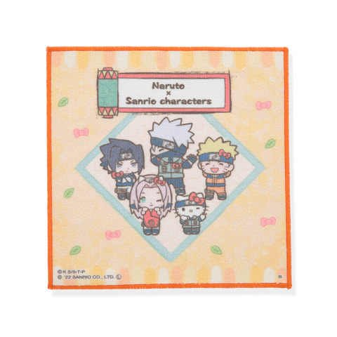 Ein Werbebild eines der Mini-Handtuch-Charakterartikel aus der Zusammenarbeit von Naruto x Sanrio Characters mit Sasuke, Kakashi, Naruto, Sakura und Hello Kitty.