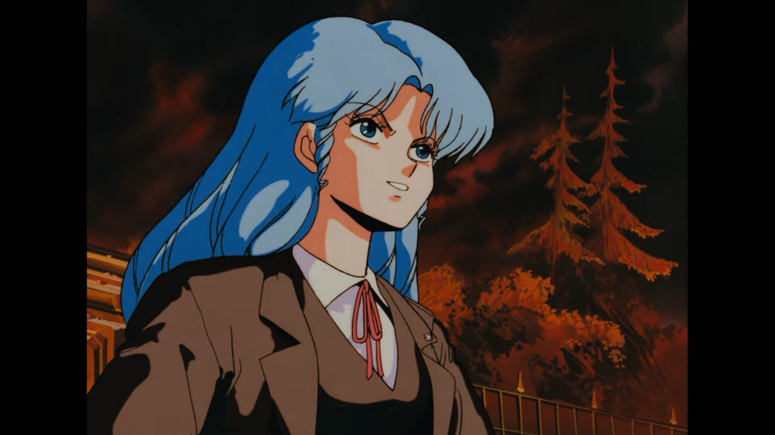 B-ko Daitokuji untersucht die Zerstörung ihrer riesigen Roboter mit einem Ausdruck grimmiger Entschlossenheit in einer Szene aus dem Projekt-A-ko-Anime-Film von 1986.