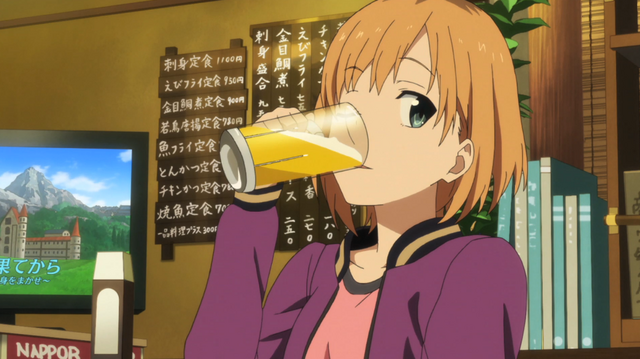 Miyamori drinking a beer in SHIROBAKO