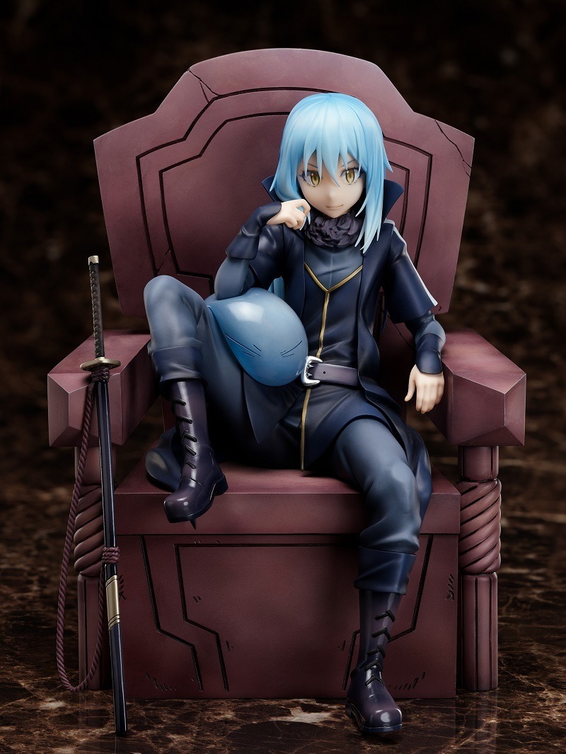 A promotional image for the upcoming That Time I Got Reincarnated as a Slime Demon Lord Rimuru Tempest 1/7 Scale Figure from F:NEX, featuring a wide shot of Rimiru Tempest sitting upon a throne.