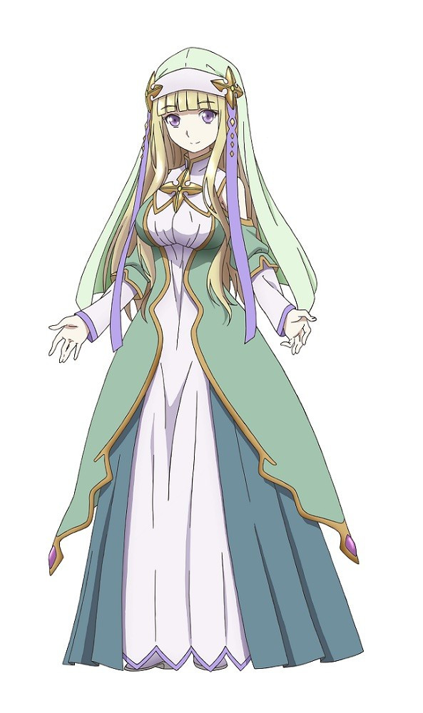 Elize, a main character in Hachinan-tte, Sore wa Nai Deshou!, is dressed in the long, flowing, green and gold robes of a cleric.