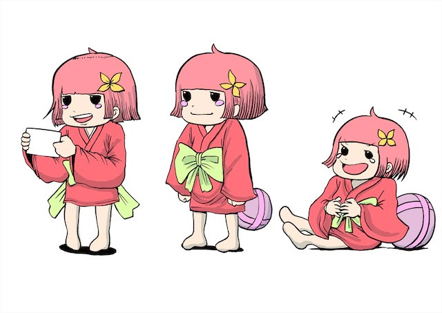 A promotional image for the Zashiki-warashi no Tatami-chan mini-anime, featuring the heroine Tatami-chan reading a note, standing, and doubling over with laughter.