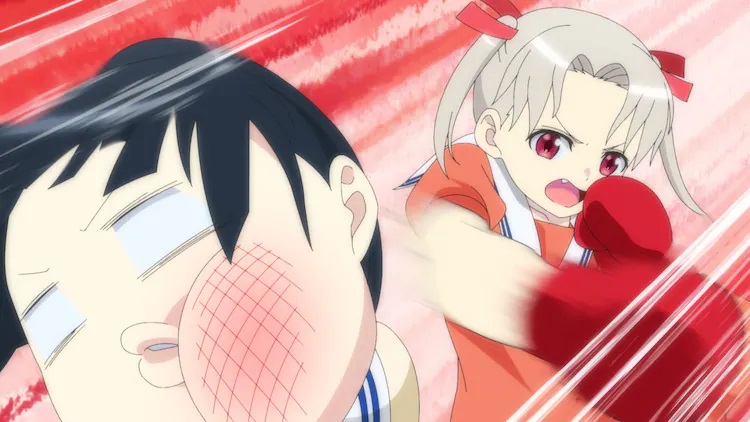 Wearing a pair of red boxing gloves, Rikka punches the Research Institute Director square in the face in a scene from the upcoming Episode 07 of The Little Lies We All Tell TV anime.