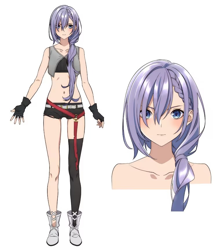 A character setting of Luna from the upcoming I Got a Cheat Skill in Another World and Became Unrivaled in the Real World TV anime. Luna is a young woman with blue eyes and long lilac-colored hair arranged in a side ponytail. She wears an adventuring outfit composed of a short vest, halter top, short shorts, boots, a loose belt, fingerless gloves, and a single black stocking on her left leg.