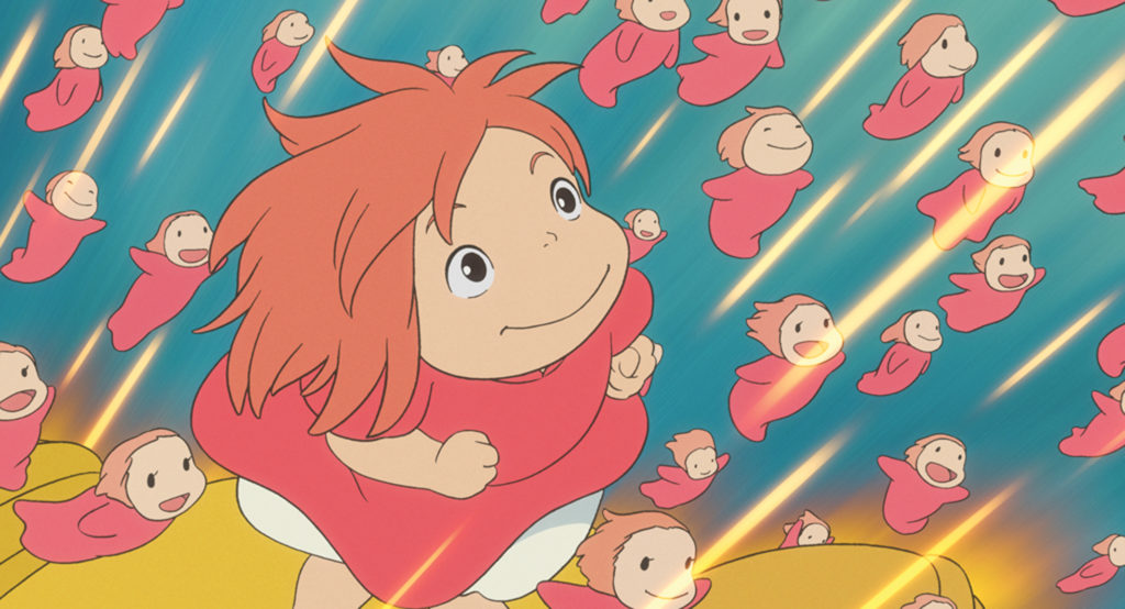 Ponyo and her numerous sister mermaids surge toward the surface in a scene from the 2008 Ponyo theatrical anime film.