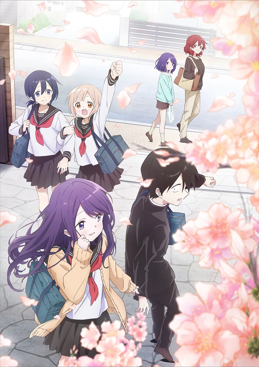 A key visual for the upcoming Kubo Won't Let Me Be Invisible TV anime featuring the main cast meeting at the entrance to their high school beneath the falling cherry blossoms.