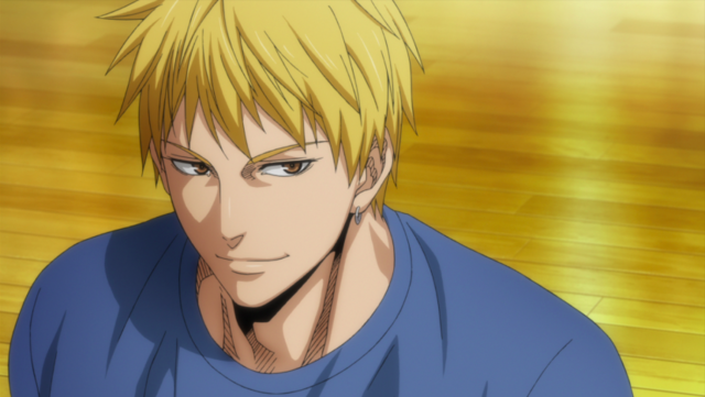 Ryota Kise flashes a smirk on the court in a scene from the Kuroko's Basketball TV anime.