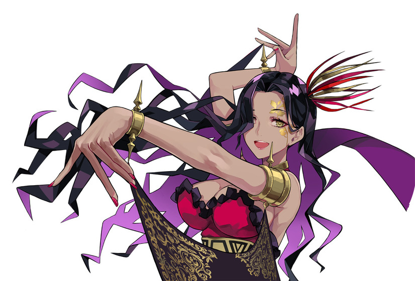 A character setting of "Carmen" from the upcoming takt op. TV anime. Carmen appears as a women with tan skin and dark hair, dressed as a flamenco dancer. Her clothing is red, black, and gold, and her hair has purple highlights in it.