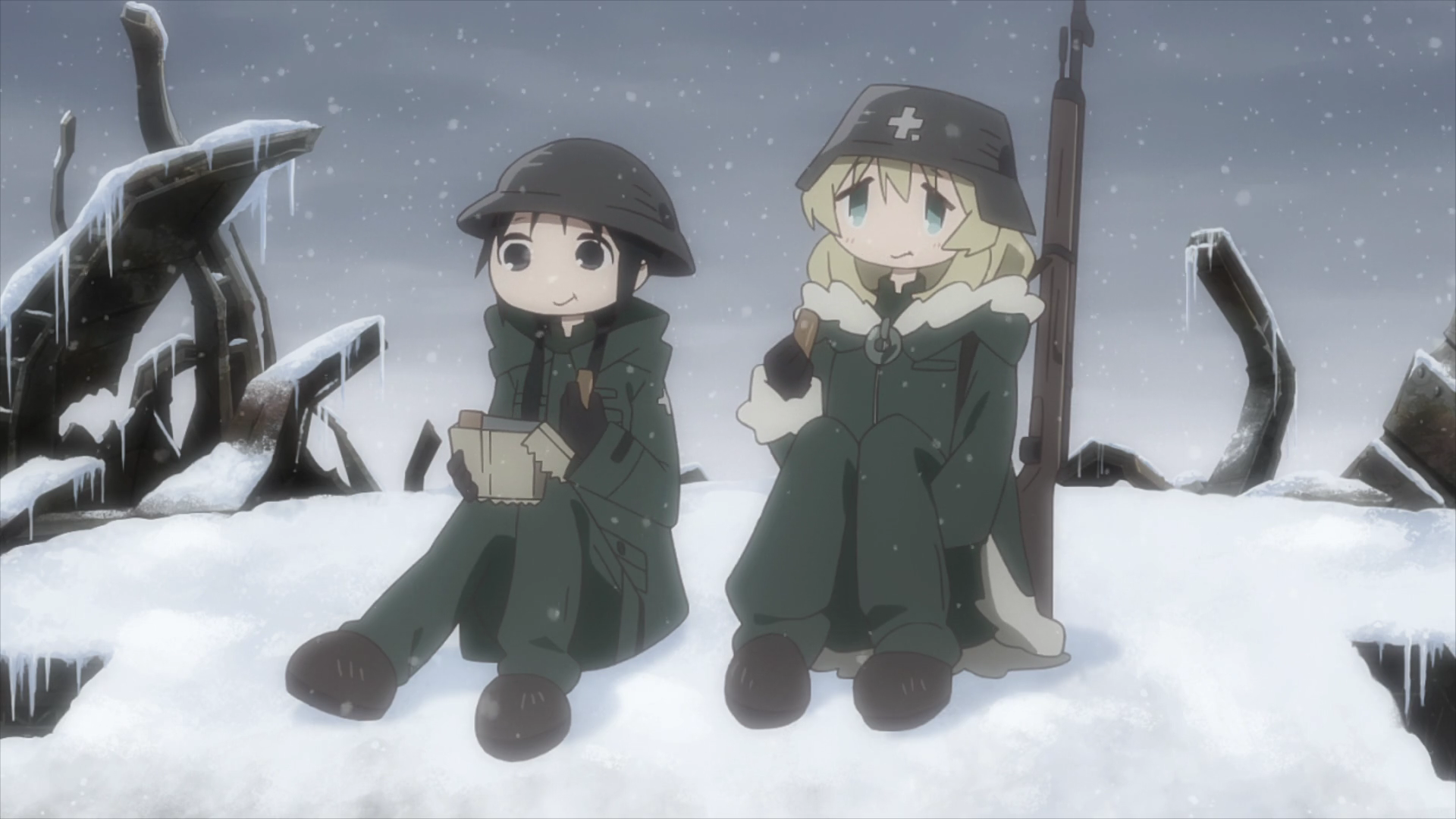 Chii-chan and Yuu enjoy a meal of chocolate-flavored ration bars in a snowy scene from the Girls' Last Tour TV anime.