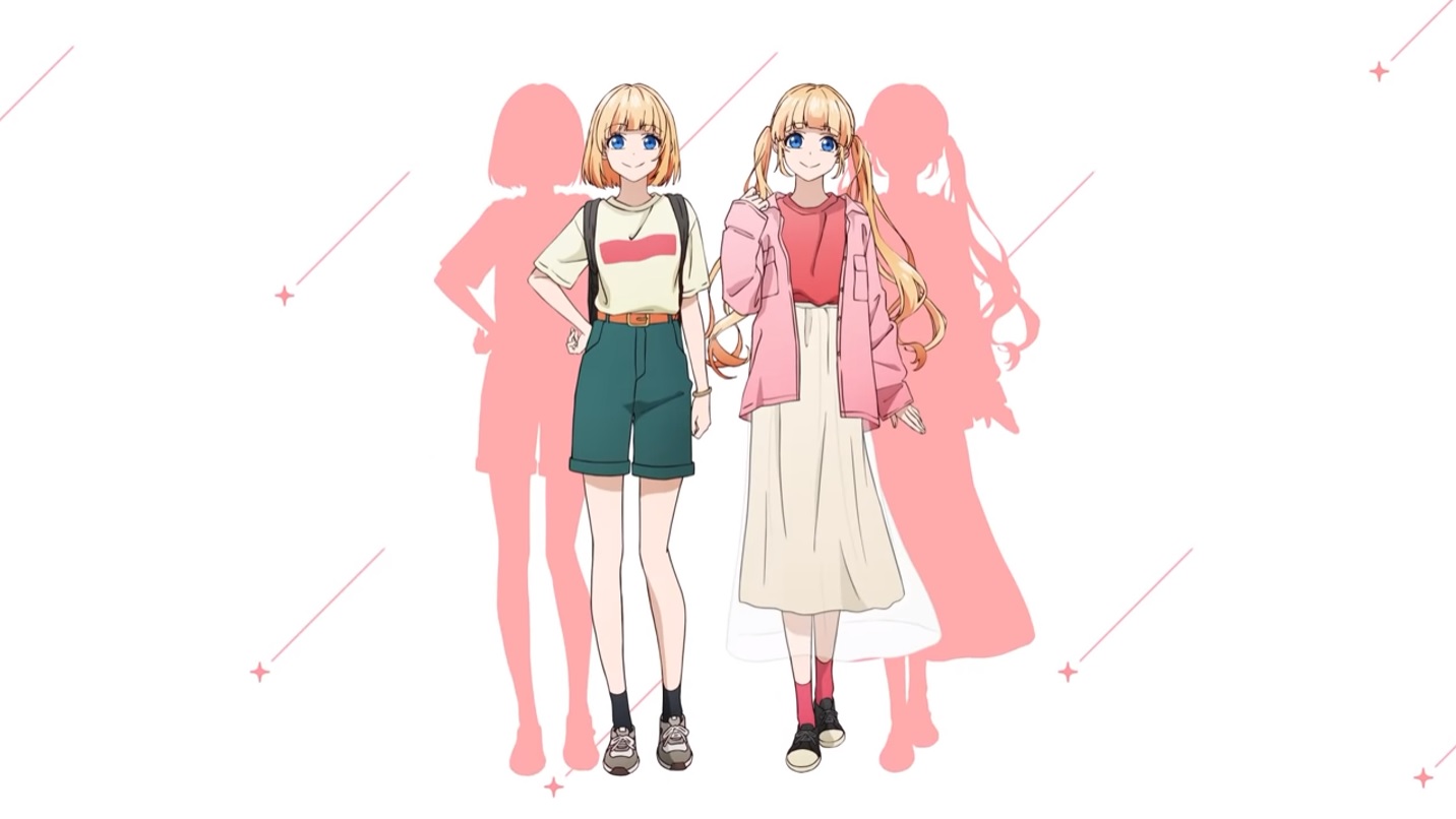 A character setting of sisters Mona Narumi and Sena Narumi from the upcoming Heroine Tarumono! ~Kiraware Heroine to Naishou no Oshigoto~ TV anime. Mona wears casual clothes (a T-shirt and shorts) while Sena wears a dressy casual clothes (a blouse, jacket, and long skirt). Both sisters have blonde hair and blue eyes, although Mona's hair is cropped short in a pageboy haircut and Sena's hair is worn in a pair of long twin-tails.