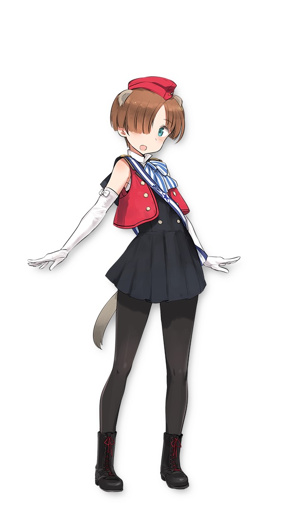 A character setting of Joanna Elizabeth Stafford from the upcoming Luminous Witches TV anime. Joanna is a petite young woman with brown hair and green eyes. She sports prairie dog ears, a prairie dog tail, and a military band uniform.
