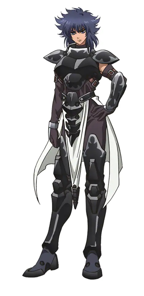 A character setting of Kai Harn, a young woman with tan skin and dark hair dressed in black plate armor and a white cape, from the upcoming BASTARD!! -Heavy Metal, Dark Fantasy- Netflix original anime.