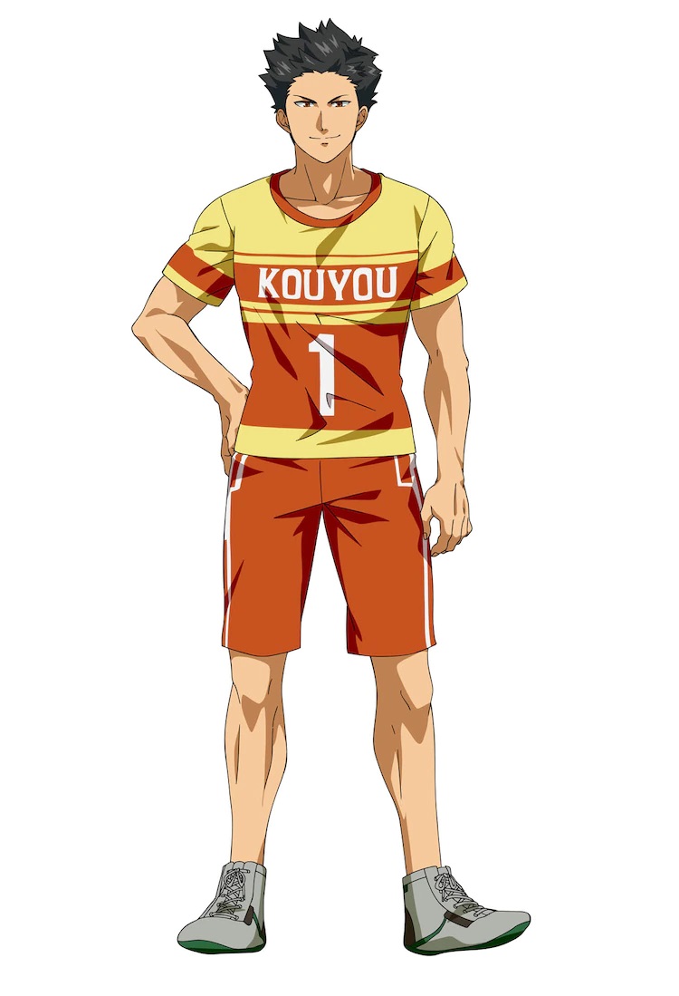 Un escenario de personajes de Hiromoto Utou, miembro del club kabaddi de la escuela secundaria Saitama Kouyou del próximo anime de televisión Burning Kabaddi.  Hiromoto tiene el pelo negro puntiagudo, cejas estrechas y una expresión arrogante, y está vestido con su ropa deportiva.