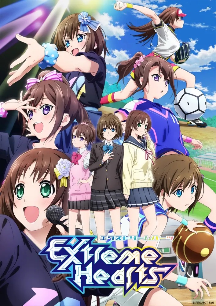 Ein Schlüsselbild für den kommenden TV-Anime Extreme Hearts mit den Hauptfiguren Hiyori Hayama, Saki Kodaka und Sumika Maehara in ihren Schuluniformen, die als Idole singen und verschiedene Sportarten wie Baseball, Basketball und Fußball ausüben.