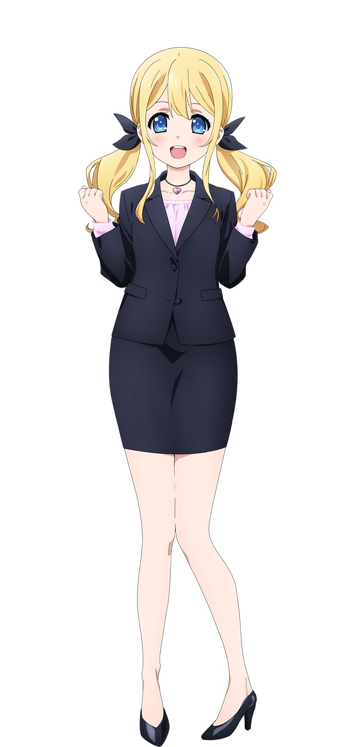Eine Charaktereinstellung von Nono aus dem kommenden Extreme Hearts TV-Anime.  Nono ist eine zierliche junge Frau mit blauen Augen und blonden Haaren in zwei Schwänzen.  Sie trägt einen dunklen Chanel-Anzug und hochhackige Schuhe.