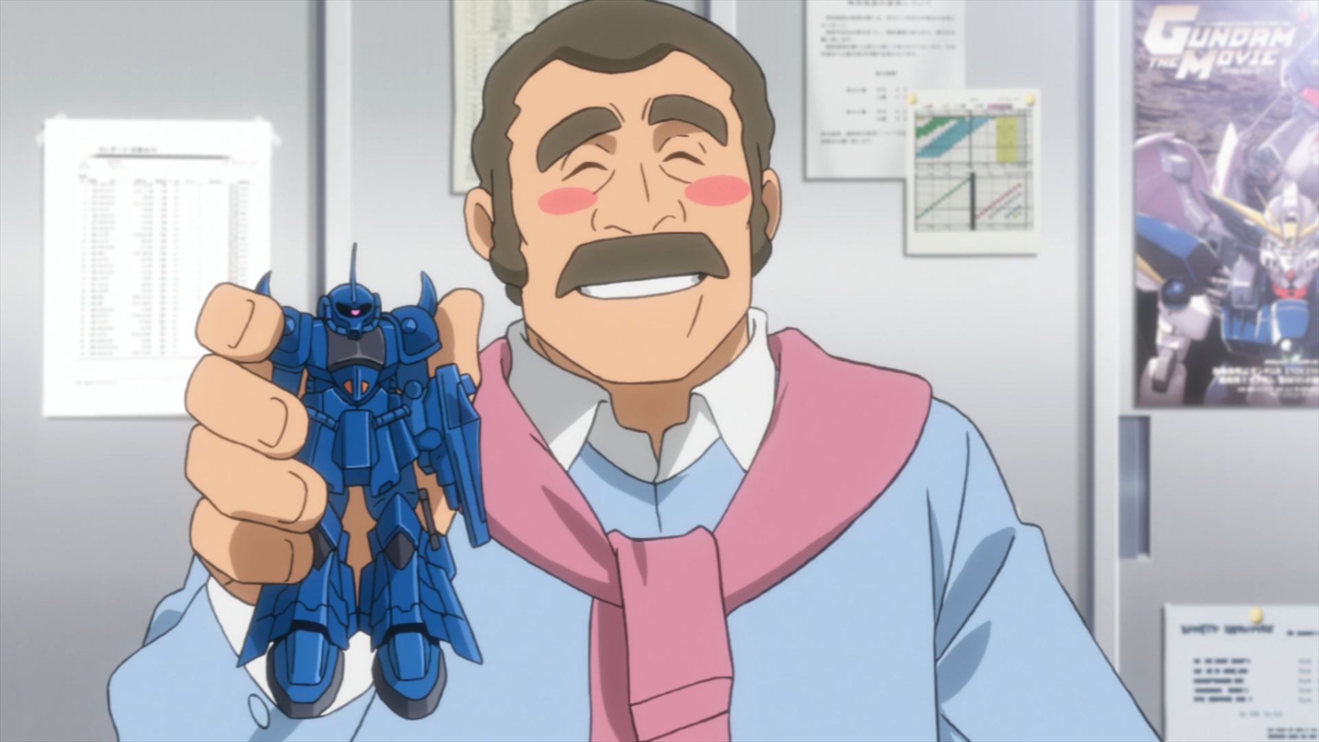 Mr. Ral schlägt vor, einen Gouf Gunpla in einer Szene aus Gundam Build Fighters Try zu verwenden.