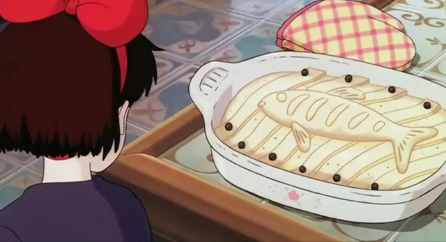 Kiki helps the Madame prepare a pumpkin and herring pie in a scene from the 1989 Studio Ghibli film, Kiki's Delivery Service.