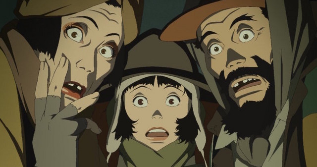 The three homeless protagonists react in shock as they discover an infant child hidden among a pile of trash in a scene from the 2003 theatrical anime film, Tokyo Godfathers.