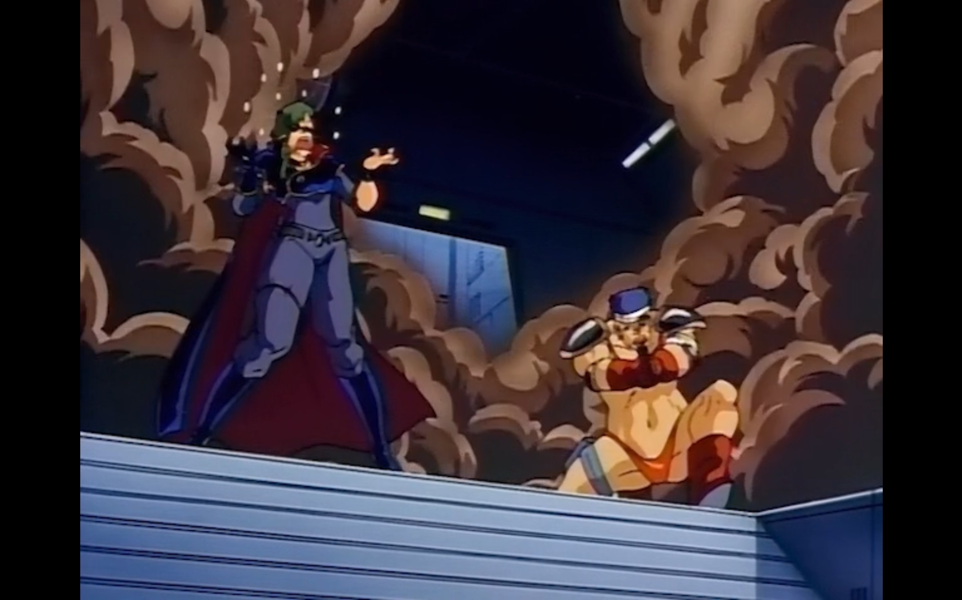 Captain Napolipolita flippt aus, als Agent D in einer Szene aus dem Anime-Kinofilm „Project A-ko“ rücksichtslos ihre Pistole auf die Brücke ihres Raumschiffs abfeuert.