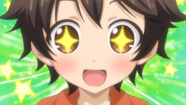 Ryoma, the protagonist of the upcoming By the Grace of the Gods TV anime, reacts with big, sparkly eyes to the discovery of a slime.