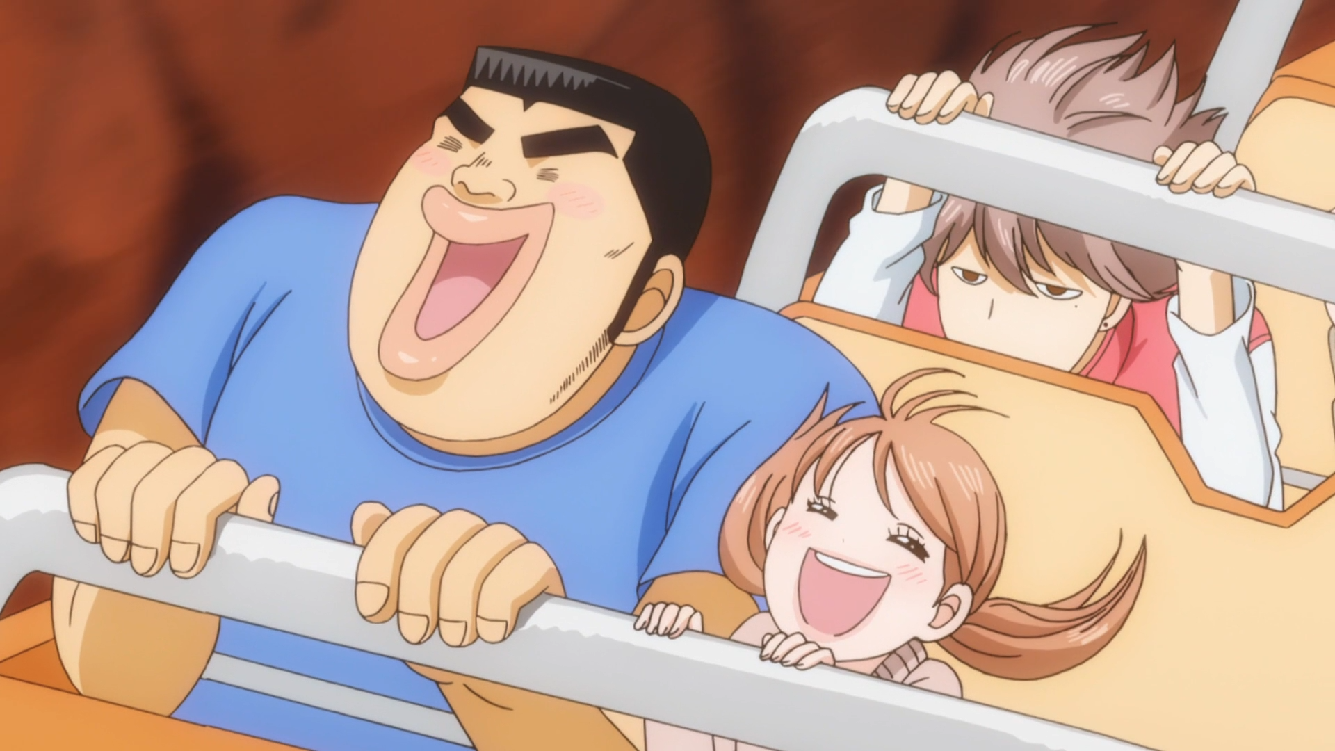 Takeo and Rinko enjoy a rollercoaster ride at an amusement park in a scene from the MY love STORY!! TV anime.