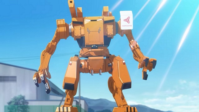 Der BULLBUSTER, ein klappriger, humanoider Riesenroboter, der zum Kampf gegen riesige Monster entwickelt wurde, wird in einer Szene aus dem kommenden BULLBUSTER TV-Anime im Hafenviertel eingesetzt.