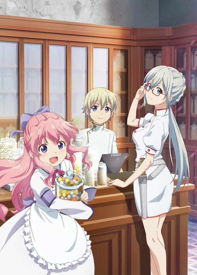 A key visual for the upcoming Isekai Yakkyoku TV anime featuring the main characters - Falma, Eléonore, and Charlotte - posing at the counter of their fantasy world pharmacy. Falma and Charlotte where white physicians uniforms, while Charlotte is clad in a white maid outfit and carries a jar full of multicolored spherical pills.