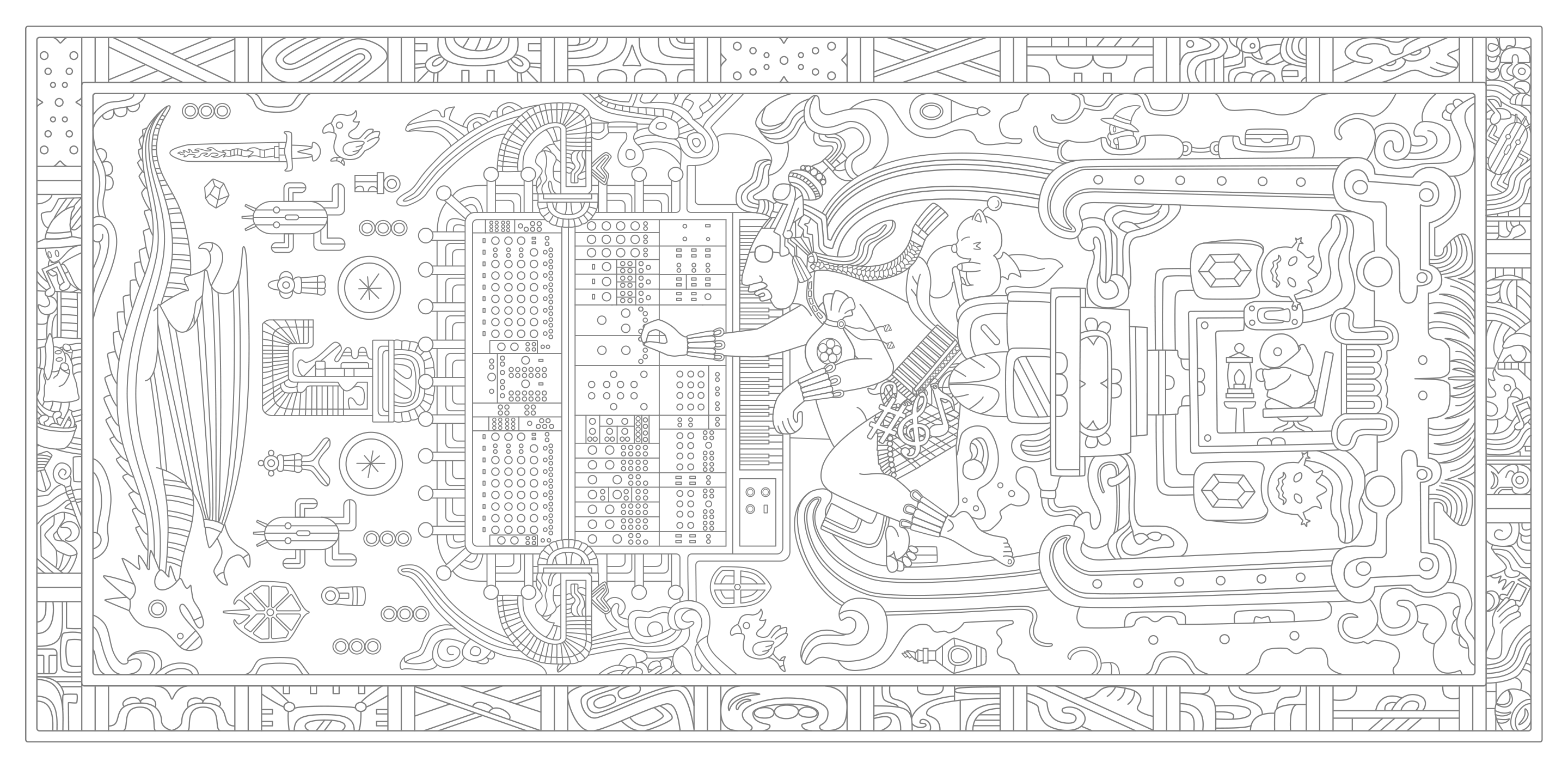 Una imagen clave para el próximo álbum de vinilo Modulation, que presenta obras de arte de un mesoamericano estilizado Nobuo Uematsu jugando con una máquina de música magitek mientras está rodeado de criaturas y objetos estilizados del universo de Final Fantasy, como bombas, un Moogle, cactuars, chocobos, un dragón, etc.