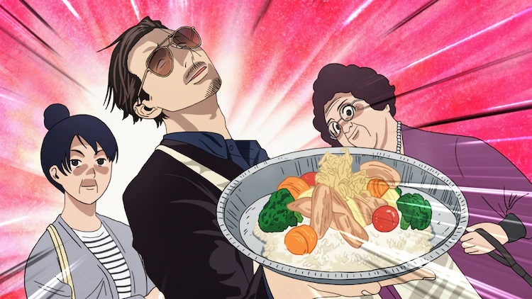 Tatsu wird zu beiden Seiten von Damen aus der Nachbarschaft flankiert und präsentiert auf dramatische Weise eine hausgemachte Mahlzeit aus Reis, Schweinefleisch und Gemüse in einer Szene aus dem kommenden Netflix-Originalanime The Way of the Househusband.