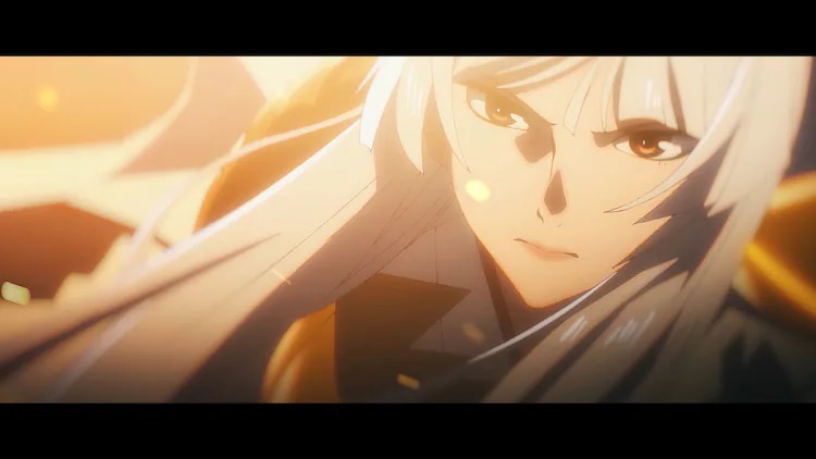 The Wandering Emperor delivers a telling blow in a scene from the Kamigawa: Neon Dynasty AMV trailer for the Magic: The Gathering collectible card game.