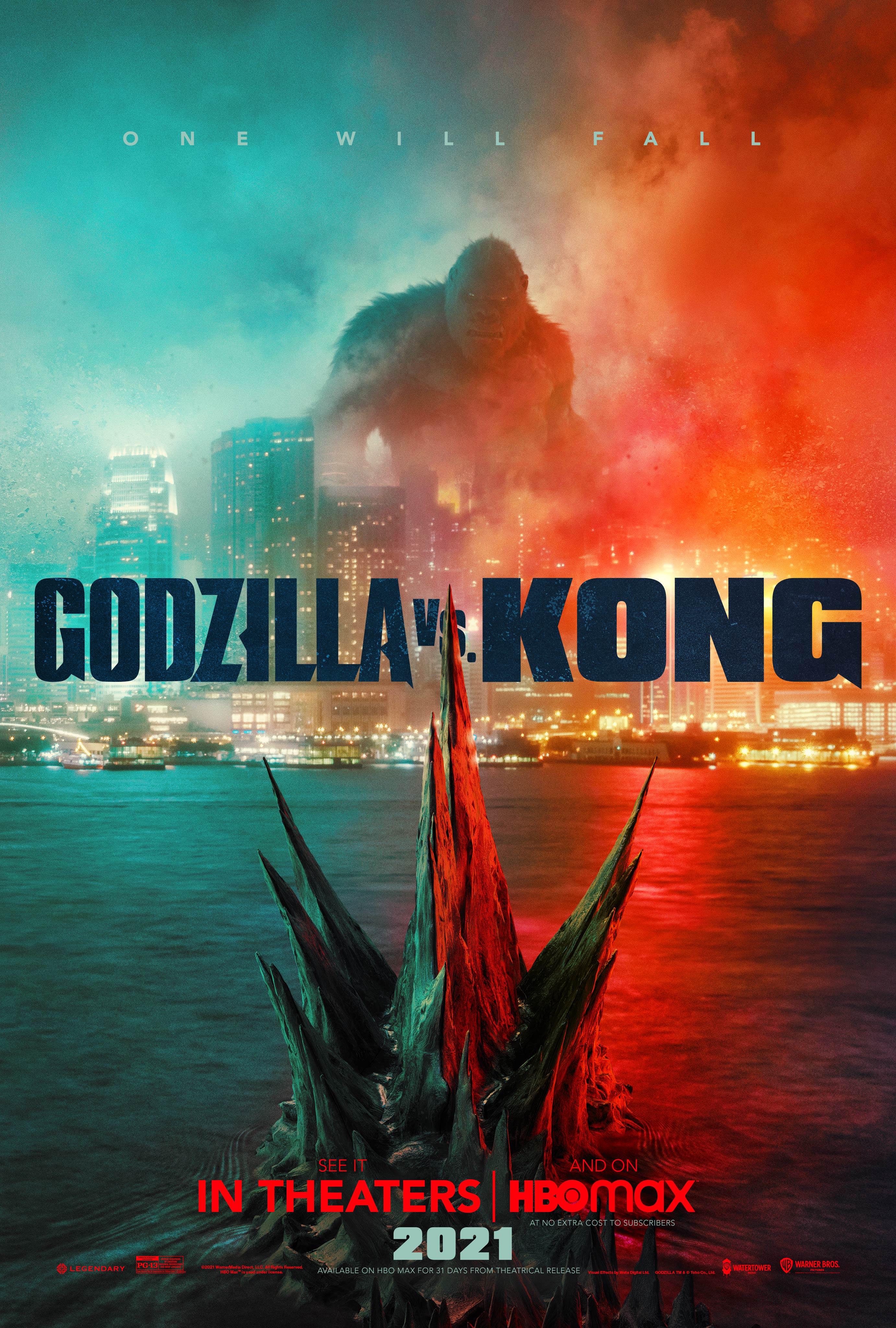 The theatrical movie poster for the upcoming Godzilla vs. Kong film, featuring Kong looming in a distressed and flaming city-scape while Godzilla closes in from the water with only his dorsal fins visible above the waves.