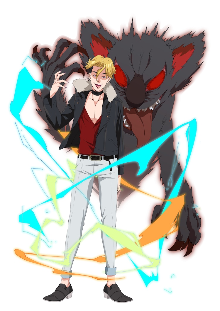 A character setting for Endou and Koala Illusion from the upcoming SHIKIZAKURA TV anime. Endou is a wild-looking young man with dyed blonde hair wearing a choker necklace, a fur-lined jacket, a V-neck crimson shirt, white slacks, and loafers with no socks. Koala Illusion is a threatening-looking spectre shaped like a nightmarish koala bear. 
